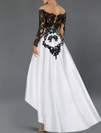 NumberSea - A - Line Cocktail Dresses Elegant Dress Wedding Party Semi Formal Asymmetrical 3/4 Length Sleeve Off Shoulder Fall Wedding Guest Satin with Beading Embroidery Appliques