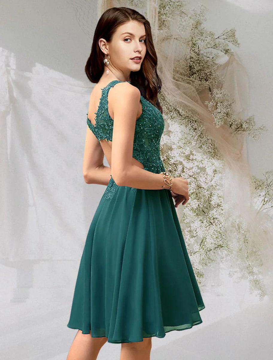 NumberSea - A - Line Cocktail Dresses Flirty Dress Homecoming Graduation Short / Mini Sleeveless V Neck Chiffon Backless with Beading Lace Insert