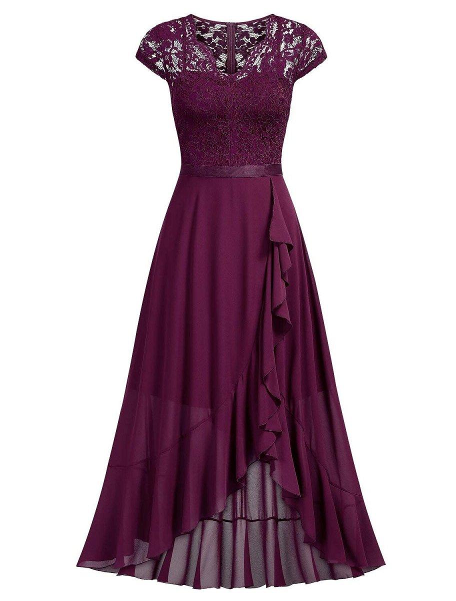 NumberSea - A - Line Cocktail Dresses Little Black Dress Dress Wedding Guest Asymmetrical Short Sleeve One Shoulder Chiffon with Pleats Lace Insert