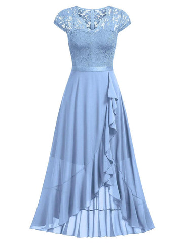 NumberSea - A - Line Cocktail Dresses Little Black Dress Dress Wedding Guest Asymmetrical Short Sleeve One Shoulder Chiffon with Pleats Lace Insert