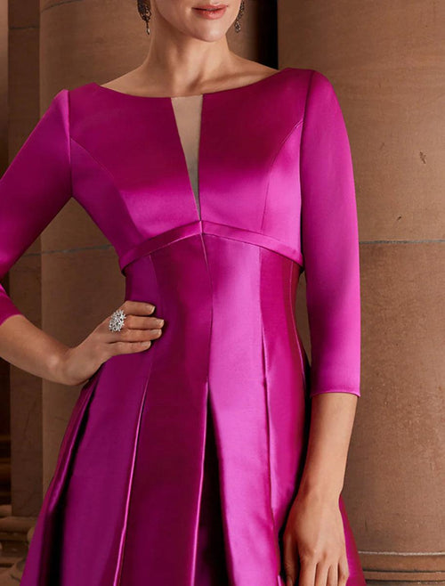 NumberSea - A - Line Cocktail Dresses Minimalist Dress Christmas Red Green Dress Wedding Guest Tea Length 3/4 Length Sleeve Jewel Neck Fall Wedding Guest Satin with Pleats