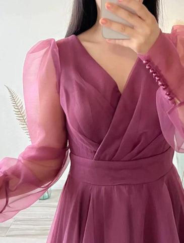 NumberSea - A - Line Cocktail Dresses Minimalist Dress Christmas Tea Length Long Sleeve V Neck Organza with Buttons Pure Color