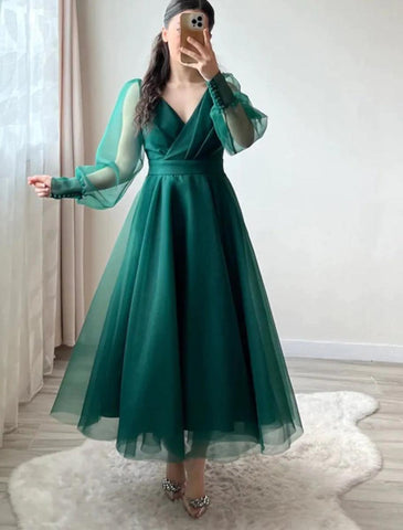 NumberSea - A - Line Cocktail Dresses Minimalist Dress Christmas Tea Length Long Sleeve V Neck Organza with Buttons Pure Color