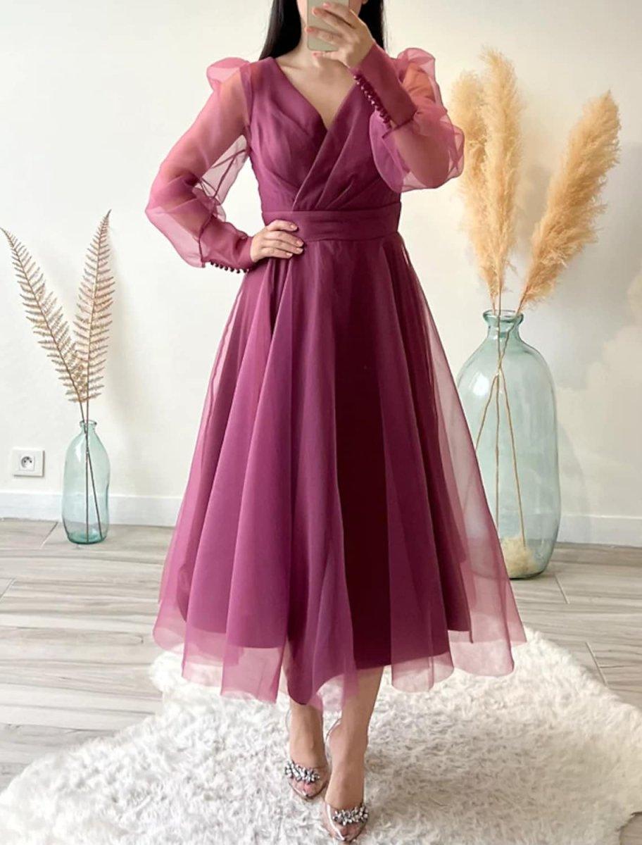 NumberSea - A - Line Cocktail Dresses Minimalist Dress Christmas Tea Length Long Sleeve V Neck Organza with Buttons Pure Color