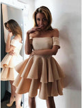 NumberSea - A - Line Cocktail Dresses Minimalist Dress Engagement Knee Length Short Sleeve Off Shoulder Satin with Tiered
