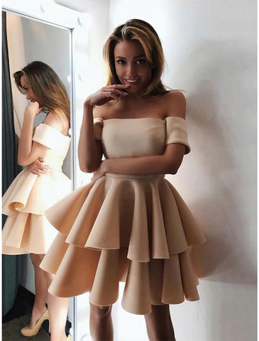 NumberSea - A - Line Cocktail Dresses Minimalist Dress Engagement Knee Length Short Sleeve Off Shoulder Satin with Tiered