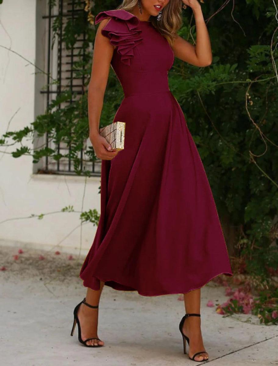 NumberSea-A-Line Cocktail Dresses Minimalist Dress Homecoming Wedding Guest Ankle Length Sleeveless Jewel Neck Fall Wedding Guest Stretch Fabric with Ruffles Pure Color