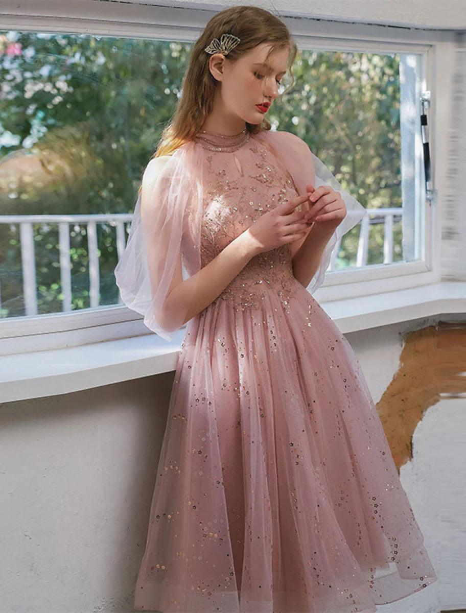 NumberSea-A-Line Cocktail Dresses Party Dress Engagement Knee Length 3/4 Length Sleeve Jewel Neck Tulle with Sequin Appliques