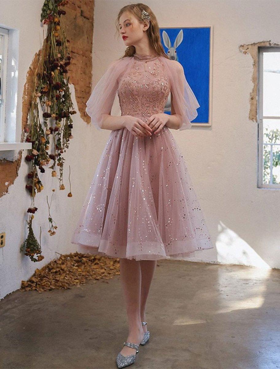 NumberSea-A-Line Cocktail Dresses Party Dress Engagement Knee Length 3/4 Length Sleeve Jewel Neck Tulle with Sequin Appliques