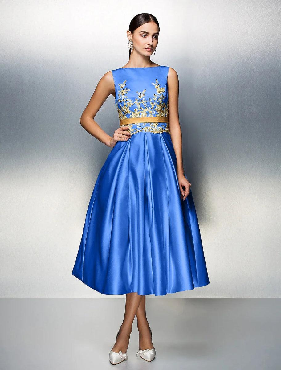 NumberSea - A - Line Cocktail Dresses Party Dress Wedding Guest Prom Tea Length Sleeveless Jewel Neck Satin V Back with Pleats Appliques