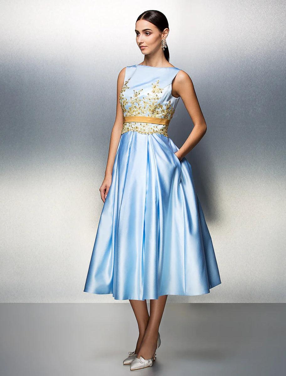 NumberSea - A - Line Cocktail Dresses Party Dress Wedding Guest Prom Tea Length Sleeveless Jewel Neck Satin V Back with Pleats Appliques