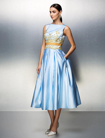 NumberSea - A - Line Cocktail Dresses Party Dress Wedding Guest Prom Tea Length Sleeveless Jewel Neck Satin V Back with Pleats Appliques