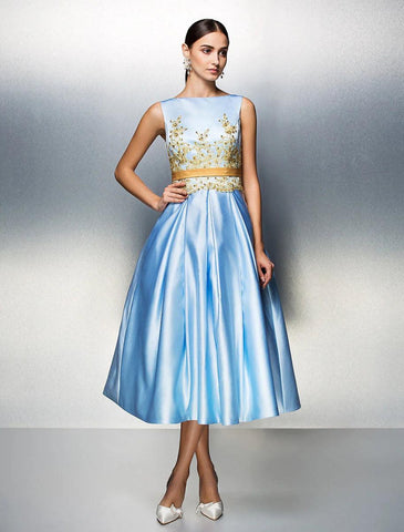 NumberSea - A - Line Cocktail Dresses Party Dress Wedding Guest Prom Tea Length Sleeveless Jewel Neck Satin V Back with Pleats Appliques