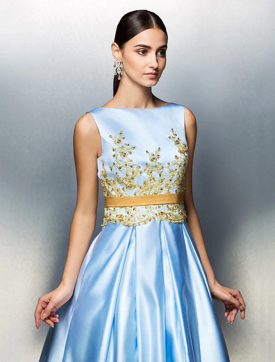 NumberSea - A - Line Cocktail Dresses Party Dress Wedding Guest Prom Tea Length Sleeveless Jewel Neck Satin V Back with Pleats Appliques
