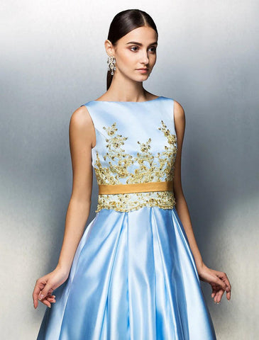 NumberSea - A - Line Cocktail Dresses Party Dress Wedding Guest Prom Tea Length Sleeveless Jewel Neck Satin V Back with Pleats Appliques