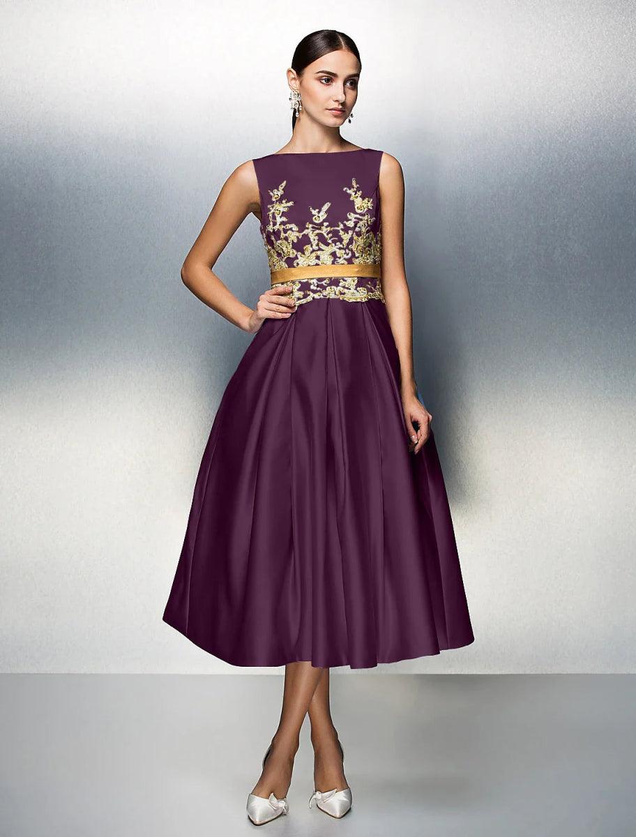 NumberSea - A - Line Cocktail Dresses Party Dress Wedding Guest Prom Tea Length Sleeveless Jewel Neck Satin V Back with Pleats Appliques