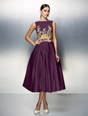 NumberSea - A - Line Cocktail Dresses Party Dress Wedding Guest Prom Tea Length Sleeveless Jewel Neck Satin V Back with Pleats Appliques
