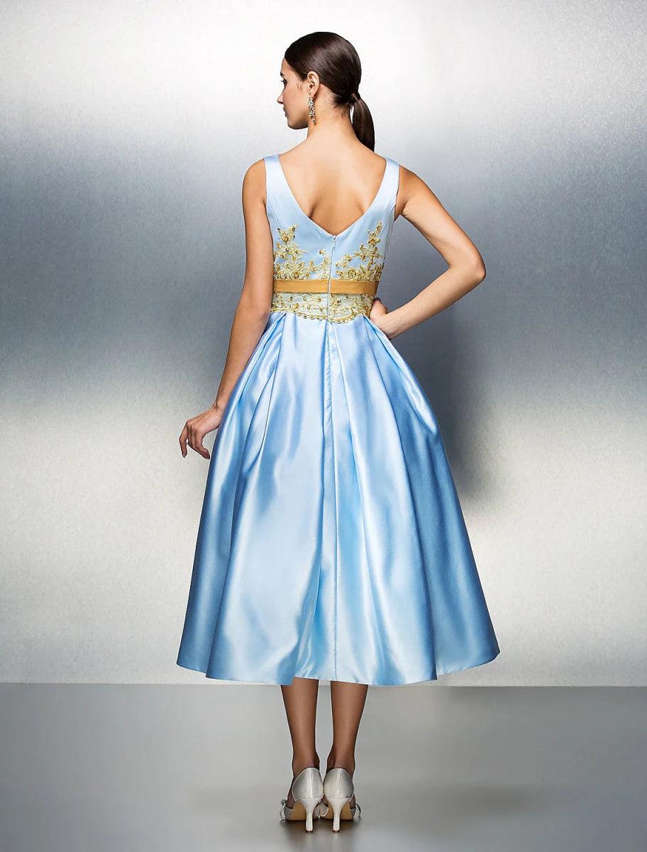 NumberSea - A - Line Cocktail Dresses Party Dress Wedding Guest Prom Tea Length Sleeveless Jewel Neck Satin V Back with Pleats Appliques