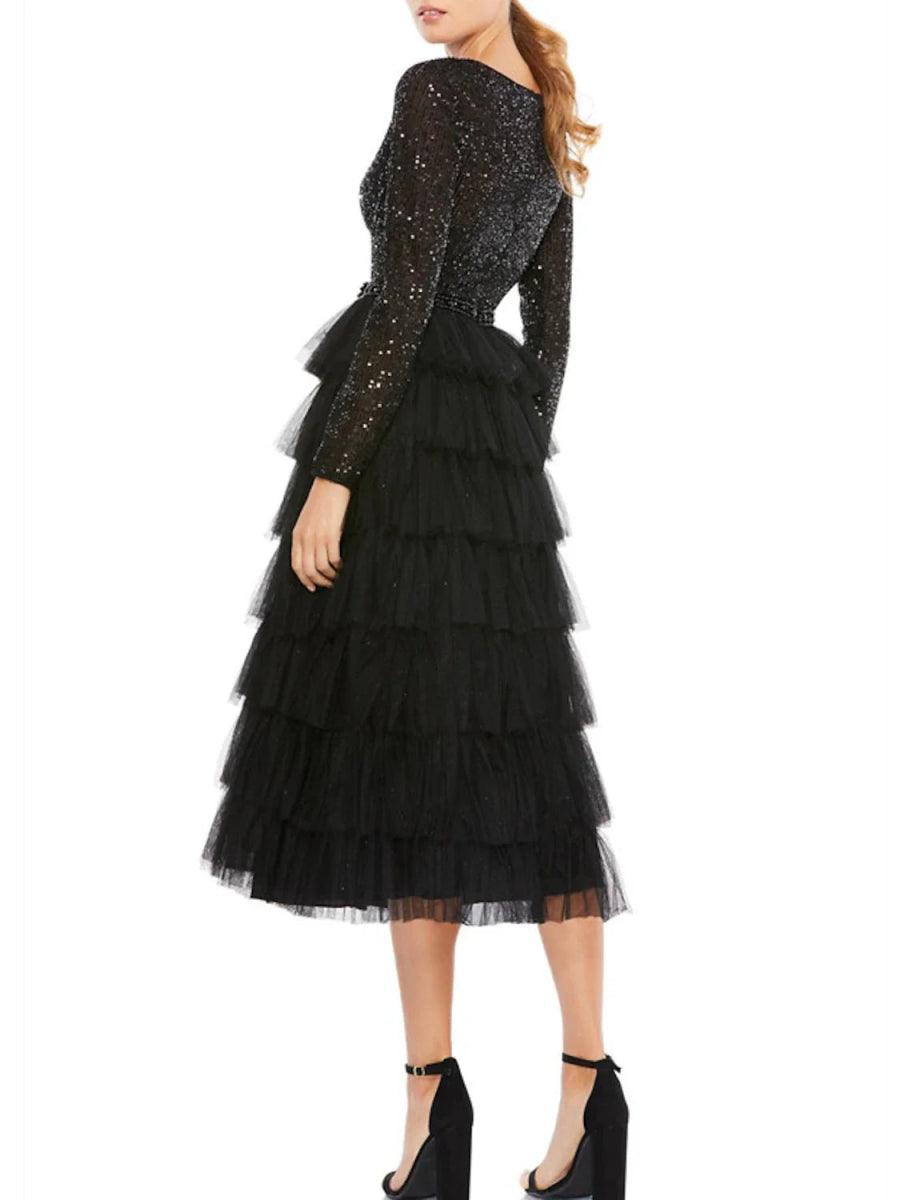 NumberSea - A - Line Cocktail Dresses Sparkle Black Dress Plus Size Party Wear Wedding Guest Tea Length Long Sleeve Jewel Neck Fall Wedding Guest Tulle with Sequin Tiered
