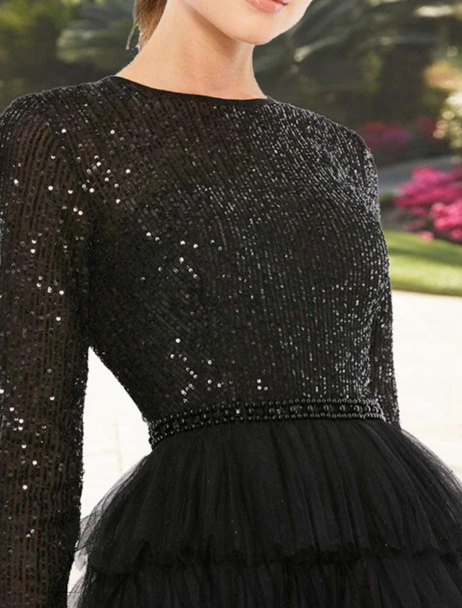 A-Line Cocktail Dresses Sparkle Black Dress Plus Size Party Wear Wedding Guest Tea Length Long Sleeve Jewel Neck Fall Wedding Guest Tulle with Sequin