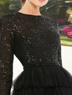 NumberSea - A - Line Cocktail Dresses Sparkle Black Dress Plus Size Party Wear Wedding Guest Tea Length Long Sleeve Jewel Neck Fall Wedding Guest Tulle with Sequin Tiered