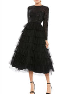 NumberSea - A - Line Cocktail Dresses Sparkle Black Dress Plus Size Party Wear Wedding Guest Tea Length Long Sleeve Jewel Neck Fall Wedding Guest Tulle with Sequin Tiered