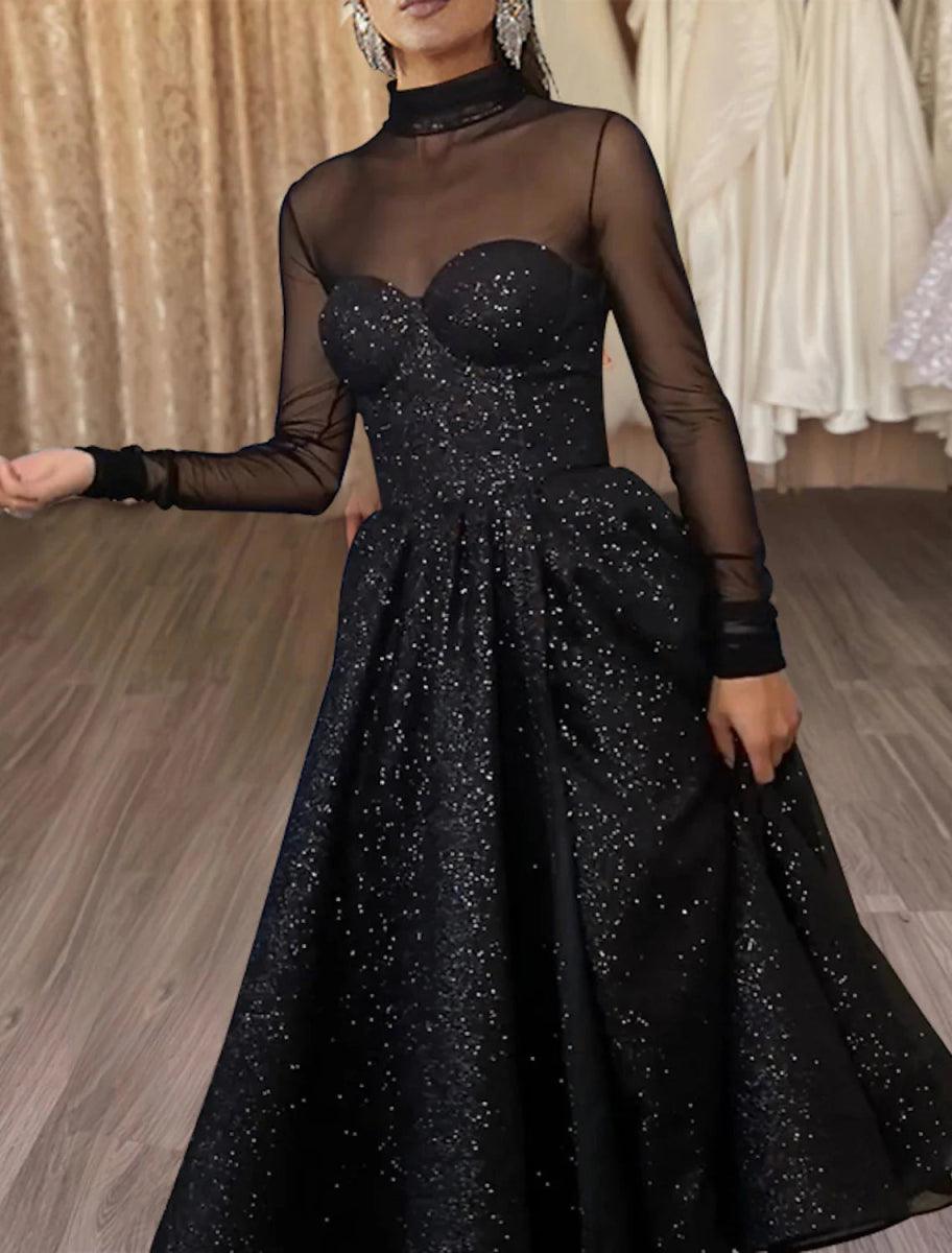 long sleeve cocktail dresses for wedding guest NumberSea-A-Line Cocktail Dresses Sparkle & Shine Dress Wedding Guest Party Wear Tea Length Long Sleeve High Neck Wednesday Addams Family Tulle with