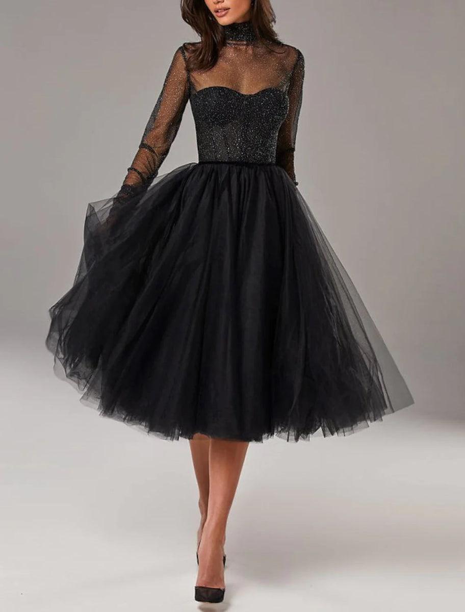 NumberSea - A - Line Cocktail Dresses Vintage Dress Homecoming Knee Length Long Sleeve High Neck Wednesday Addams Family Tulle with Pleats Pure Color