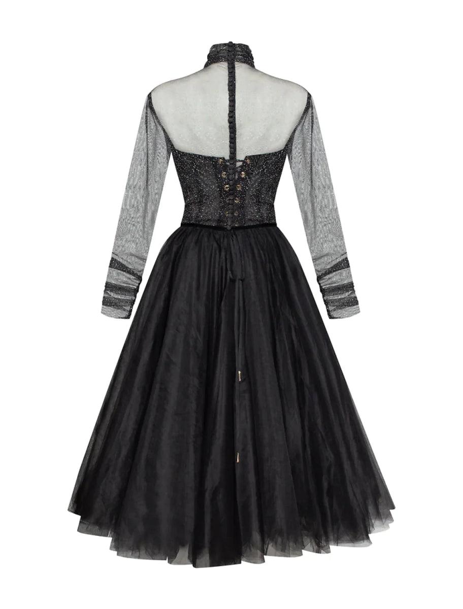 NumberSea - A - Line Cocktail Dresses Vintage Dress Homecoming Knee Length Long Sleeve High Neck Wednesday Addams Family Tulle with Pleats Pure Color