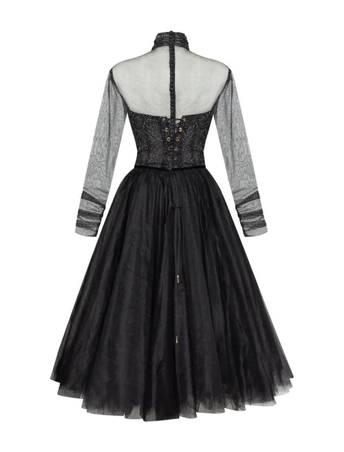 NumberSea - A - Line Cocktail Dresses Vintage Dress Homecoming Knee Length Long Sleeve High Neck Wednesday Addams Family Tulle with Pleats Pure Color