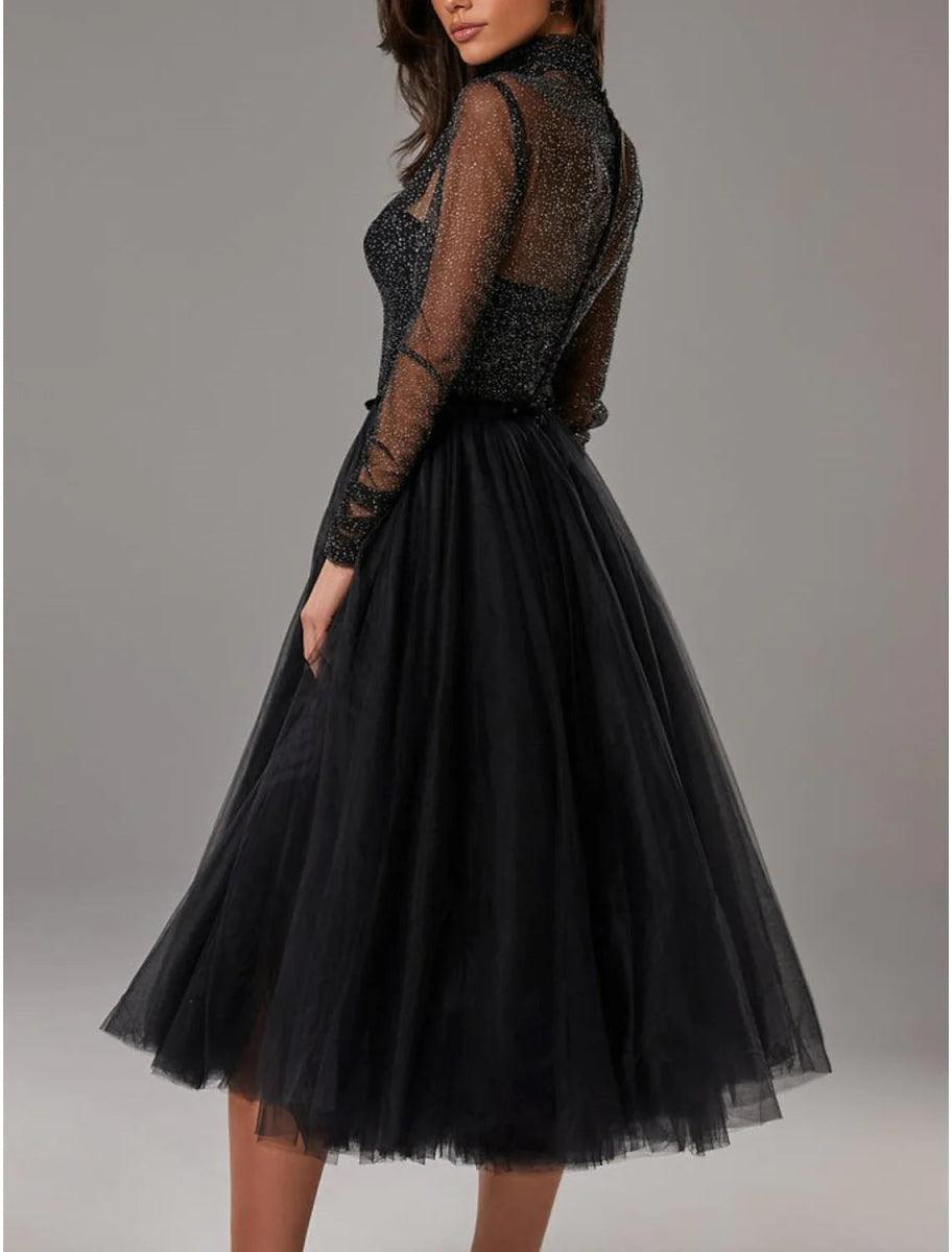 NumberSea - A - Line Cocktail Dresses Vintage Dress Homecoming Knee Length Long Sleeve High Neck Wednesday Addams Family Tulle with Pleats Pure Color