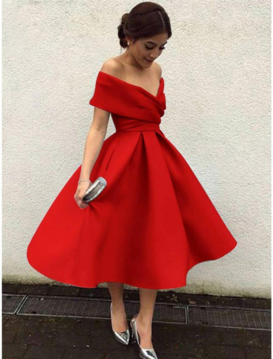 NumberSea - A - Line Cocktail Dresses Vintage Dress Homecoming Tea Length Short Sleeve V Neck Stretch Fabric V Back with Pleats