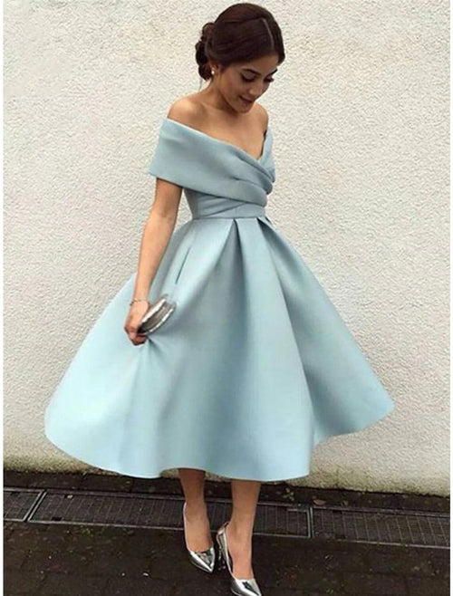 NumberSea - A - Line Cocktail Dresses Vintage Dress Homecoming Tea Length Short Sleeve V Neck Stretch Fabric V Back with Pleats