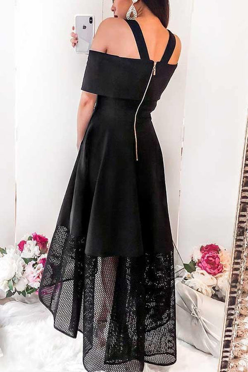 Vestido de fiesta negro de corte A con hombros descubiertos y corte asimétrico con encaje