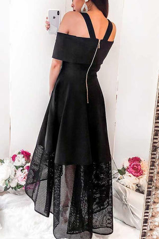 A-Line Cold Shoulder High Low Black Homecoming Dress with Lace