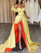 NumberSea - A - Line Color Block Sexy High Split Formal Evening Dress Off Shoulder Short Sleeve Court Train Charmeuse with Slit Splicing