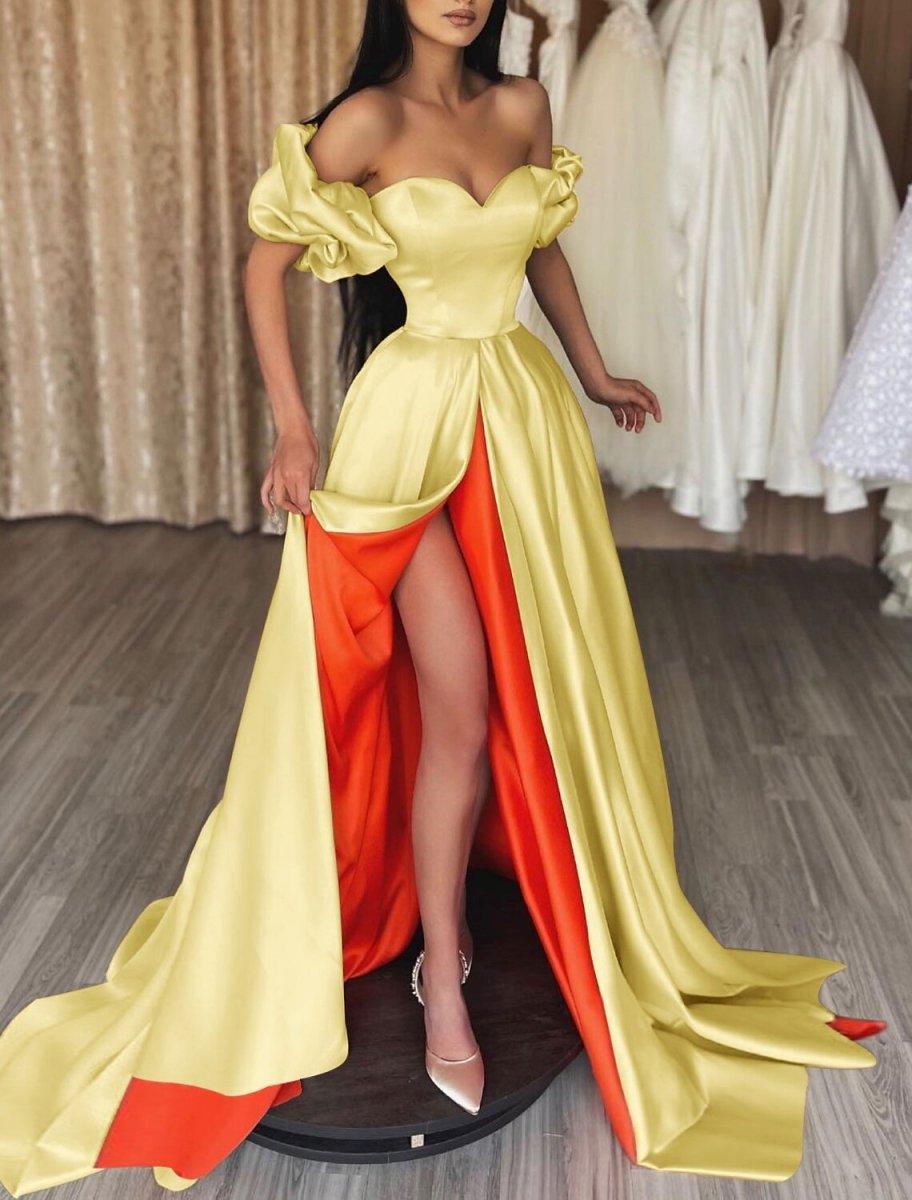 NumberSea - A - Line Color Block Sexy High Split Formal Evening Dress Off Shoulder Short Sleeve Court Train Charmeuse with Slit Splicing