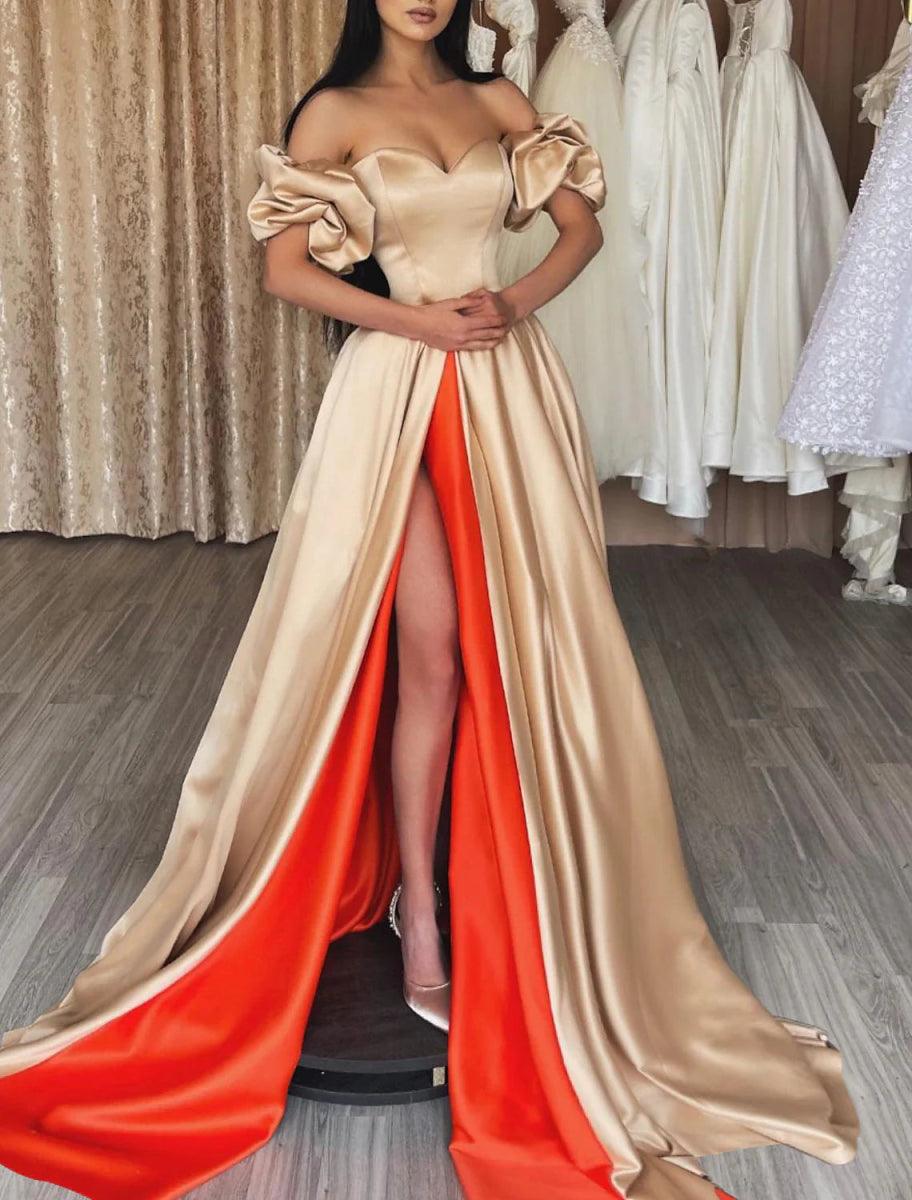 NumberSea - A - Line Color Block Sexy High Split Formal Evening Dress Off Shoulder Short Sleeve Court Train Charmeuse with Slit Splicing