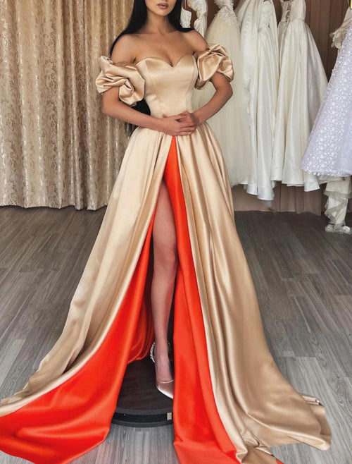 NumberSea - A - Line Color Block Sexy High Split Formal Evening Dress Off Shoulder Short Sleeve Court Train Charmeuse with Slit Splicing