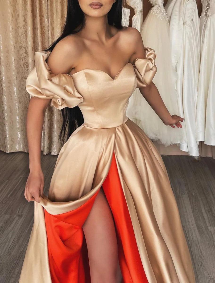 NumberSea - A - Line Color Block Sexy High Split Formal Evening Dress Off Shoulder Short Sleeve Court Train Charmeuse with Slit Splicing