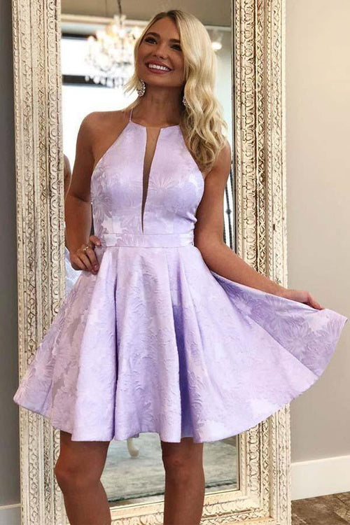 Vestido de fiesta de satén lila con corte en A y cuello redondo por encima de la rodilla con bolsillos
