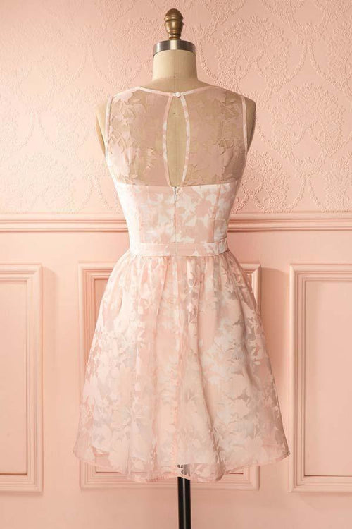 Vestido de fiesta de encaje rosa perla corto con espalda abierta y corte A