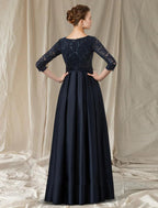 NumberSea - A - Line Cut Out Elegant Engagement Formal Evening Dress V Neck Long Sleeve Floor Length Lace with Bow(s) Pocket