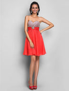 NumberSea - A - Line Cute Dress Wedding Guest Cocktail Party Short / Mini Sleeveless Sweetheart Pink Dress Chiffon with Ruched Crystals Beading