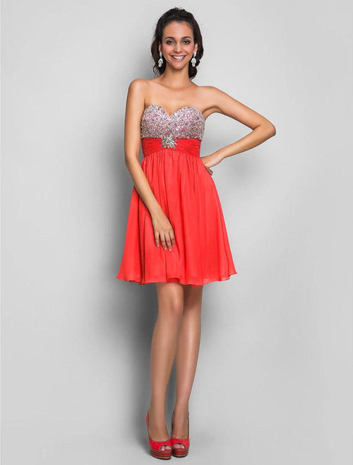 NumberSea - A - Line Cute Dress Wedding Guest Cocktail Party Short / Mini Sleeveless Sweetheart Pink Dress Chiffon with Ruched Crystals Beading