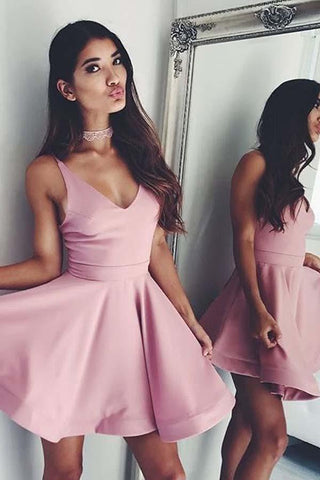 A-line Cute V Neck Short Pink Satin Homecoming Dress Formal Dress