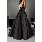 NumberSea - A Line Deep V Neck Belt Black Long Formal Evening Gowns with Pockets