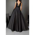 NumberSea - A Line Deep V Neck Belt Black Long Formal Evening Gowns with Pockets