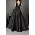 NumberSea - A Line Deep V Neck Belt Black Long Formal Evening Gowns with Pockets