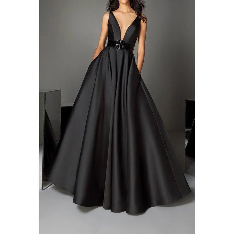 NumberSea - A Line Deep V Neck Belt Black Long Formal Evening Gowns with Pockets